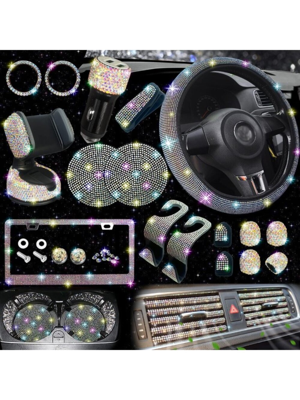 27PC Bling Car Accessories Set for Women - Steering Wheel Cover, License Plate